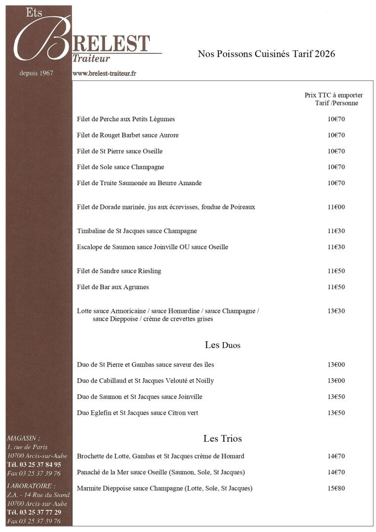 Tarifs cuisinés Arcis-sur-Aube