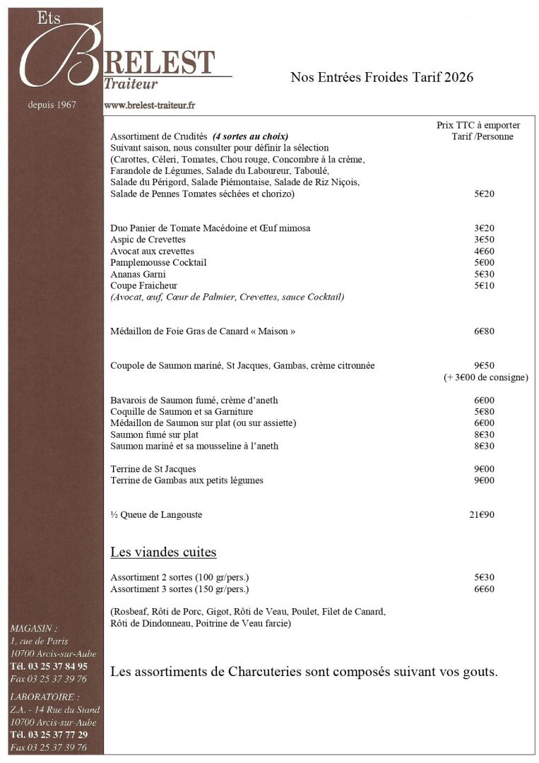 Tarifs entrées froides Arcis-sur-Aube