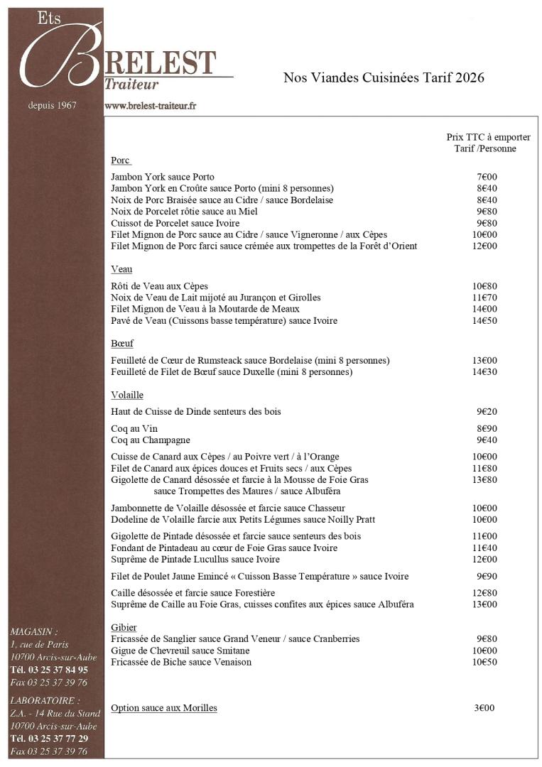Tarifs viandes cuisinées Arcis-sur-Aube